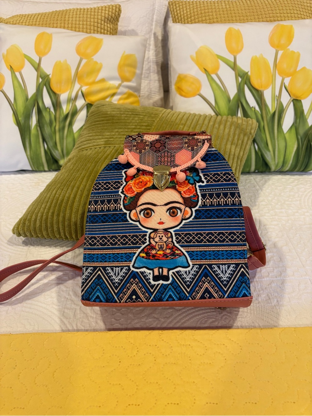 Embroidered Frida Kahlo Mini Backpack in Blue